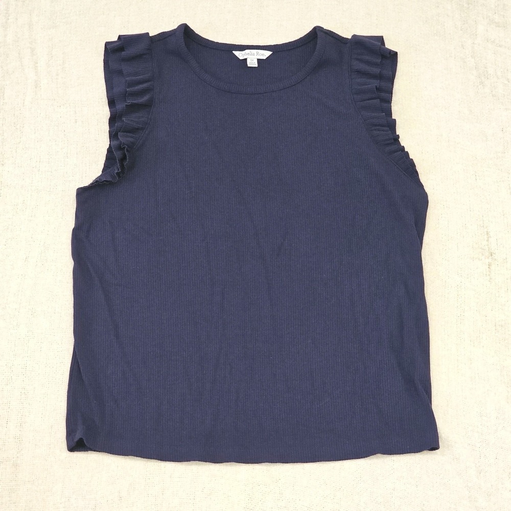 NWOT Ophelia Roe Navy Ribbed Navy Scoop Neck Sleeveless Blouse w/ Ruffles‎ Sz 1x